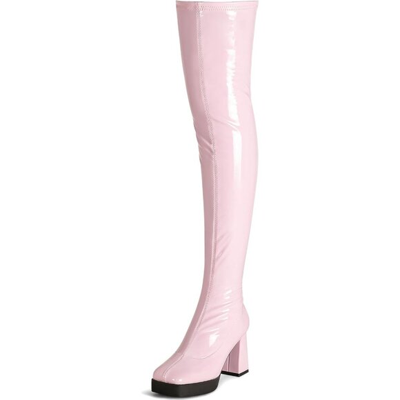 Women Pink Square Toe Chunky Heels Patent Leather PU Over The Knee High Boots - Picture 1 of 6